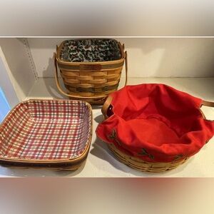 Longaberger Christmas Collection Basket Lot of 3 Holly Plaid Liners Inserts
